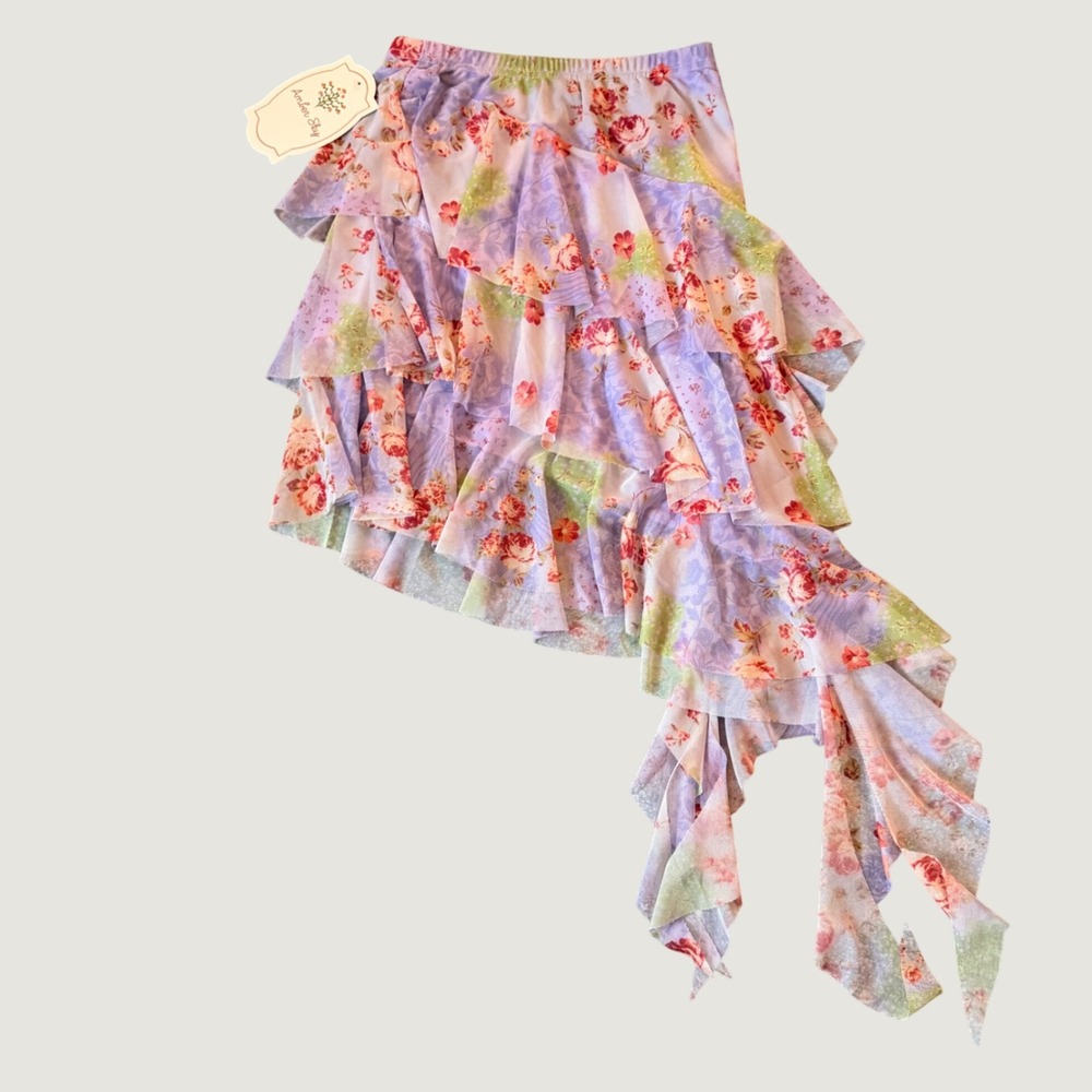 Ruffle Skirt XS Floral Mesh Asymmetrical High Low Purple Fairycore